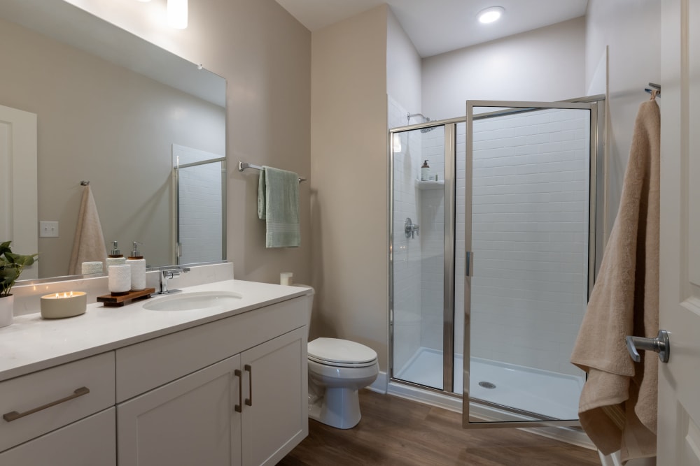 Bathroom with white cabinets and shower at Elms at the Refuge in Laurel, Maryland