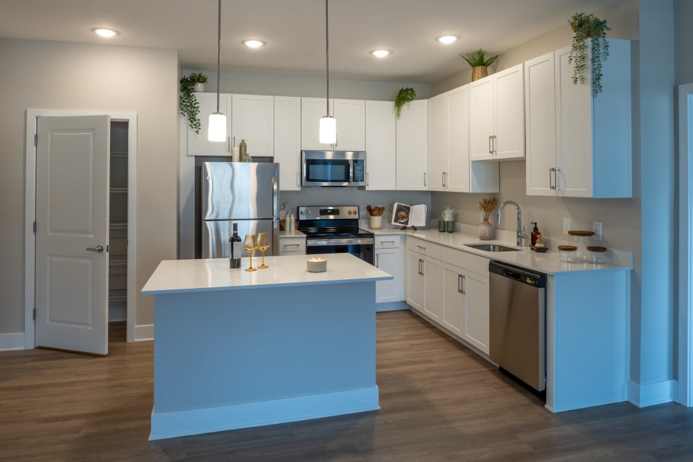  Kitchen with stainless-steel appliances, quartz countertops and white contemporary cabinets at Elms at the Refuge in Laurel, Maryland