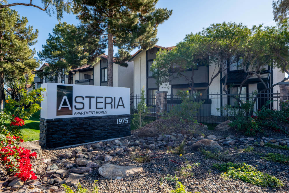 Welcome sign at at Asteria Apartments in Tempe, AZ