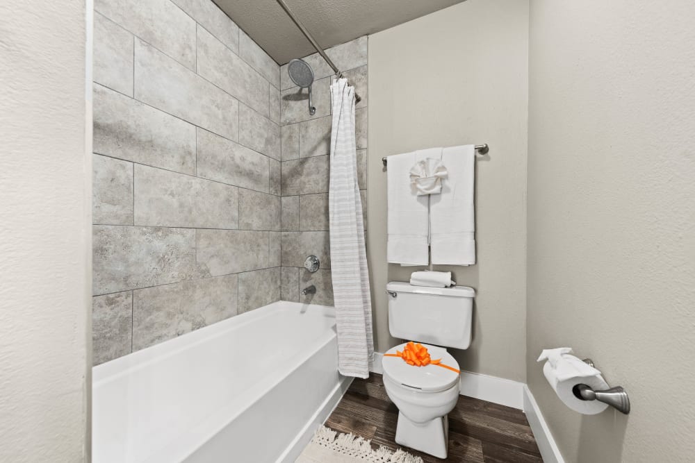 Bathroom with tub and shower at Asteria Apartments in Tempe, AZ
