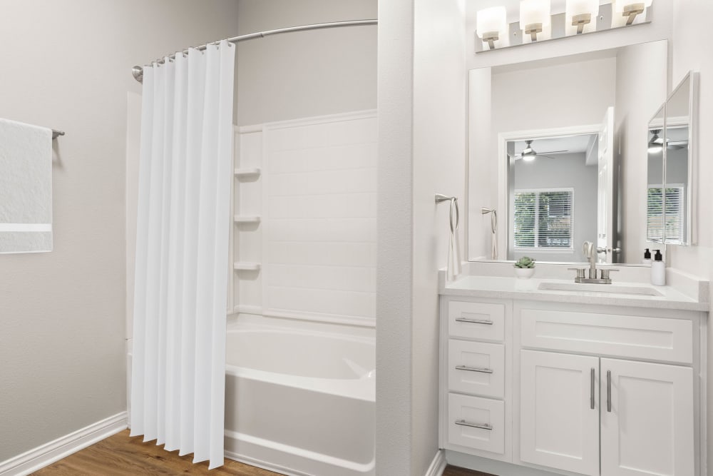 Clean and tidy bath room at Woodland Apartments in Olympia, Washington