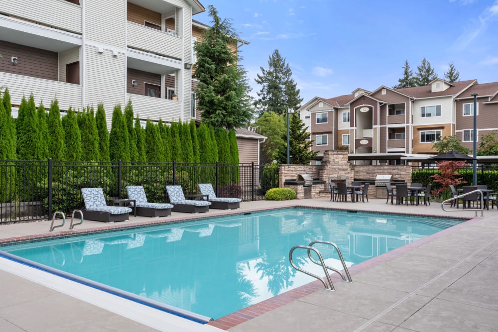 gorgeous pool area at Woodland Apartments in Olympia, Washington