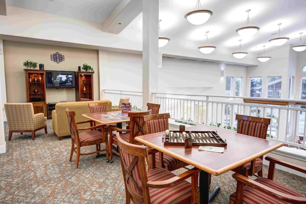 Game tables and TV at Callahan Village Retirement  and Assisted Living in Roseburg, Oregon
