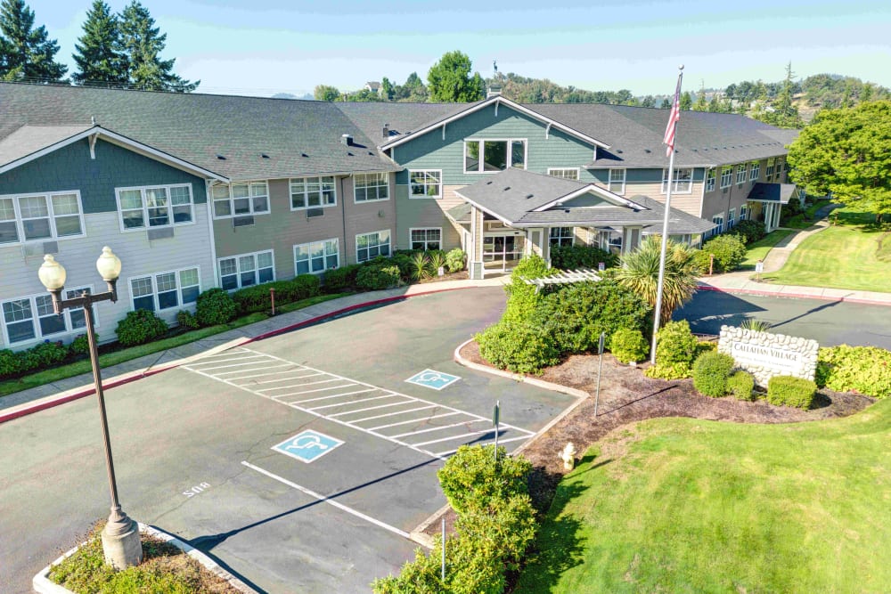 Aerial view of the exterior and parking at Callahan Village Retirement  and Assisted Living in Roseburg, Oregon