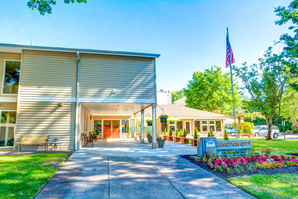 Main entrance walkway at Junction City Retirement and Assisted Living in Junction City, Oregon