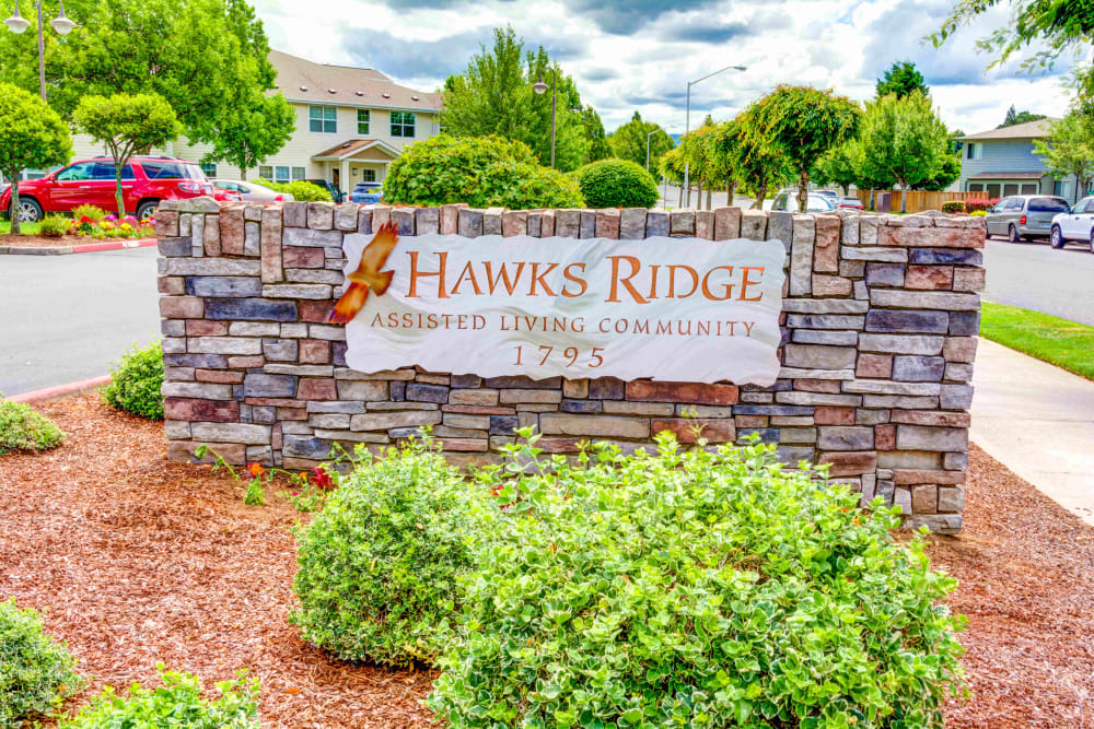 Sign at the entrance to Hawks Ridge Assisted Living in Hood River, Oregon
