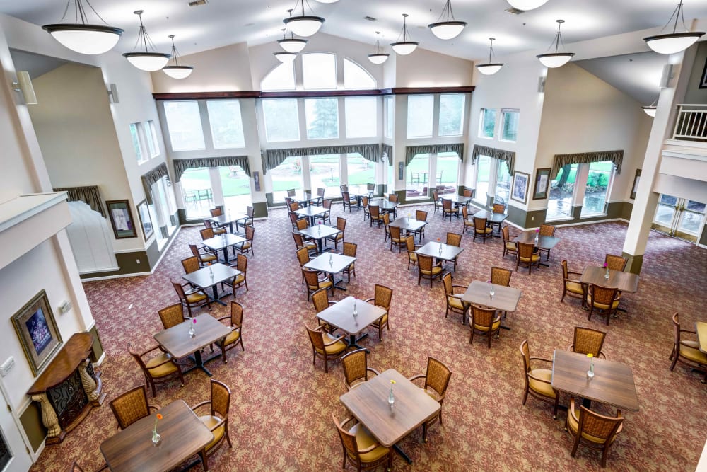 Overhead view of the expansive dining room from the second floor at Hawks Ridge Assisted Living in Hood River, Oregon