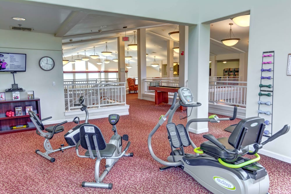 Exercise room with cardio machines at Hawks Ridge Assisted Living in Hood River, Oregon
