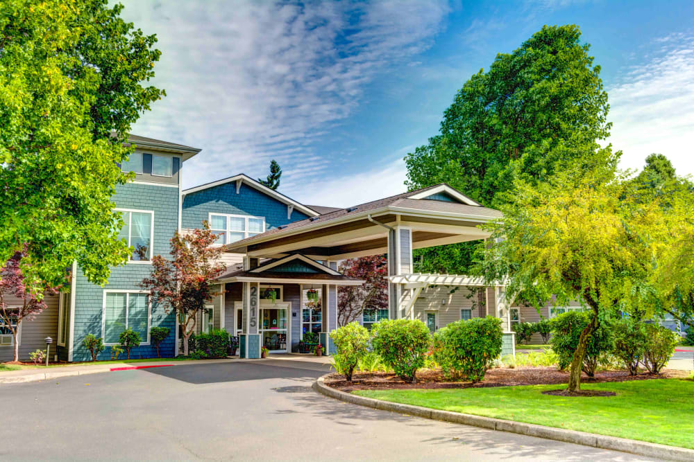 Exterior of the main building entrance at Lone Oak Assisted Living in Eugene, Oregon