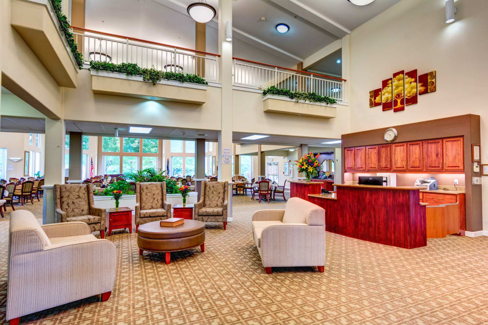 Sitting area and front desk at Lone Oak Assisted Living in Eugene, Oregon