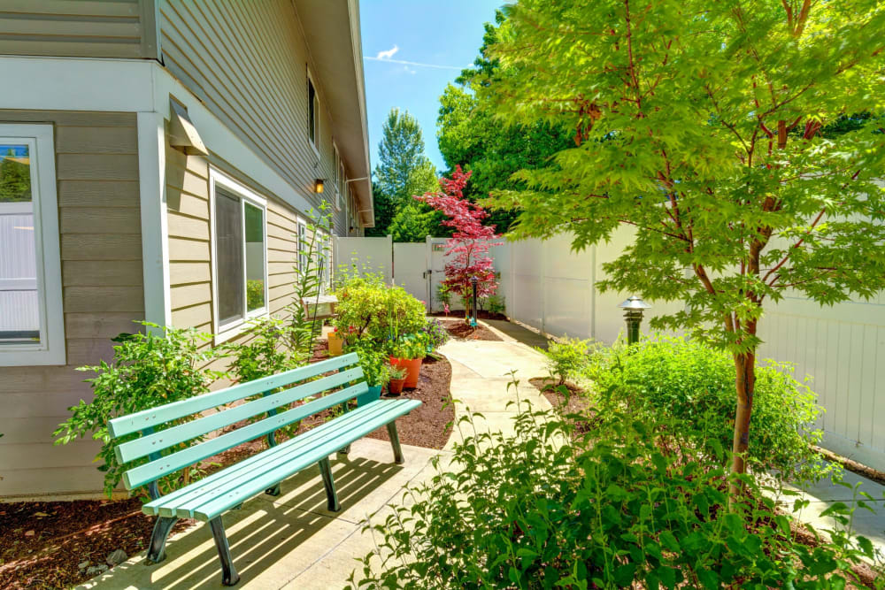 Walking path and bench on the grounds at Silver Creek Senior Living in Woodburn, Oregon