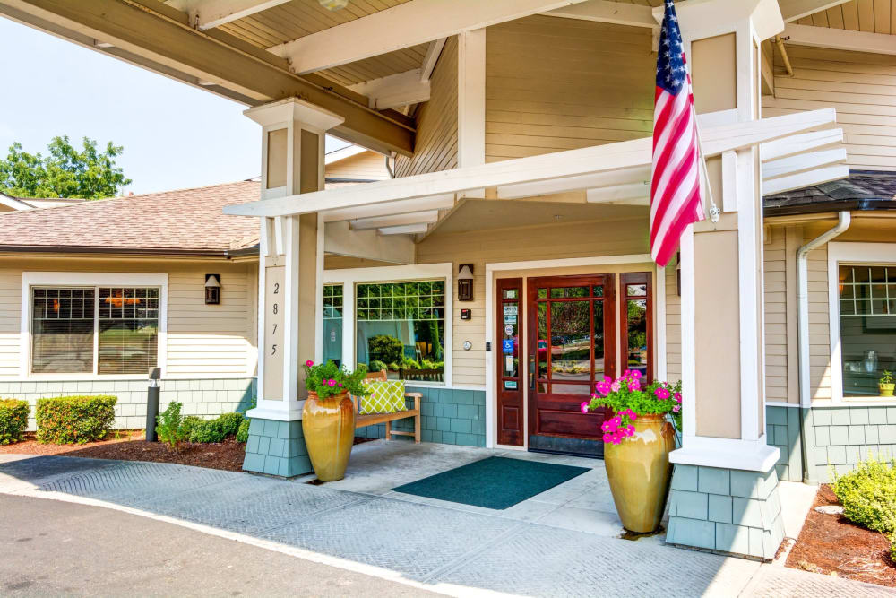 Porte cochere and front entrance at Timberwood Court Memory Care in Albany, Oregon