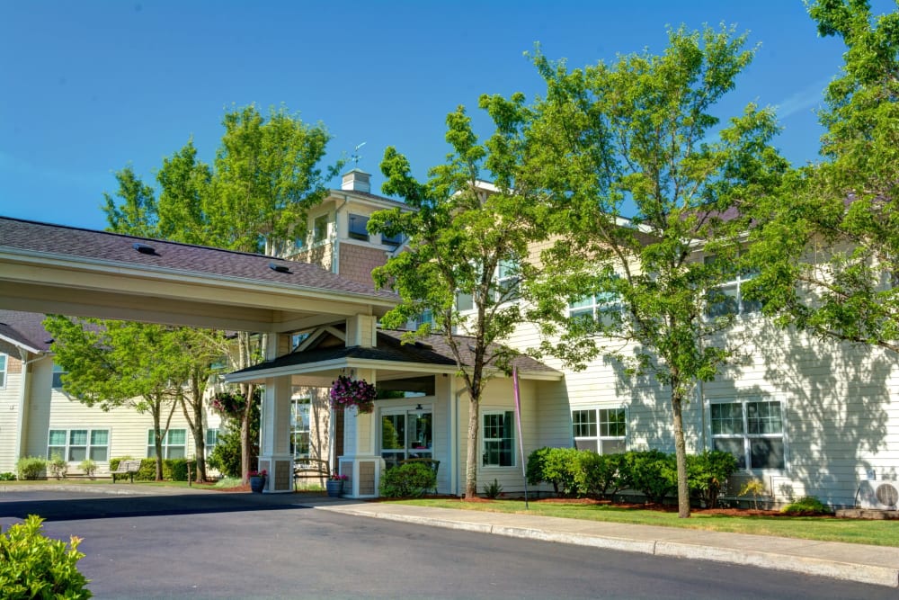 Exterior of the main entrance at Vineyard Heights Assisted Living in McMinnville, Oregon