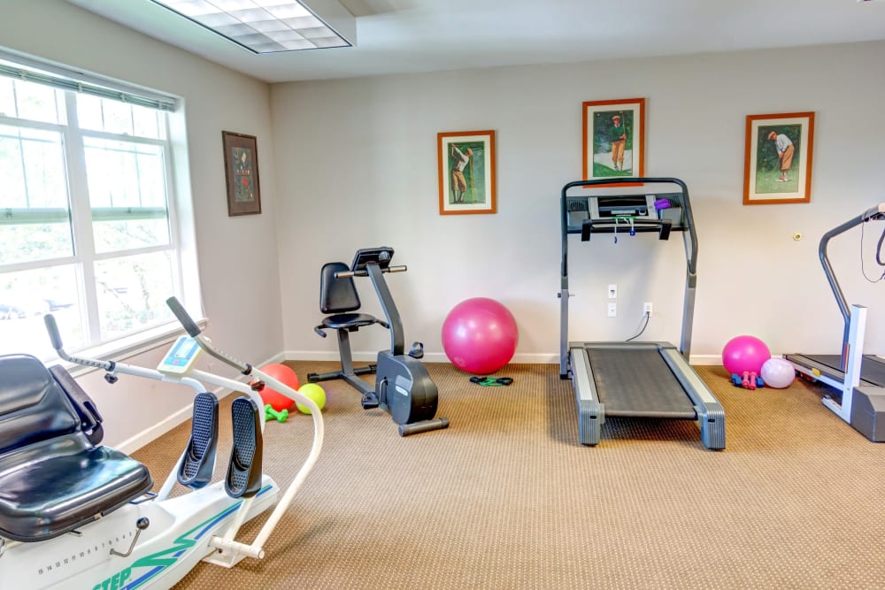 Well-equipped fitness center at Vineyard Heights Assisted Living in McMinnville, Oregon
