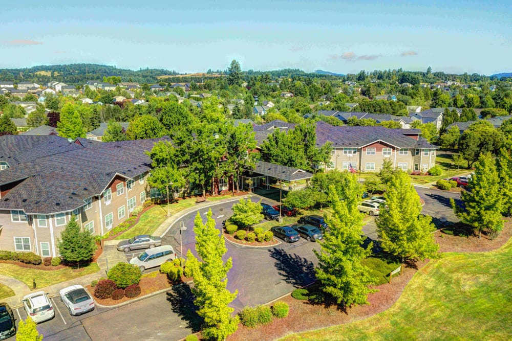 Aerial view of Vineyard Heights Assisted Living and the surrounding neighborhood in McMinnville, Oregon