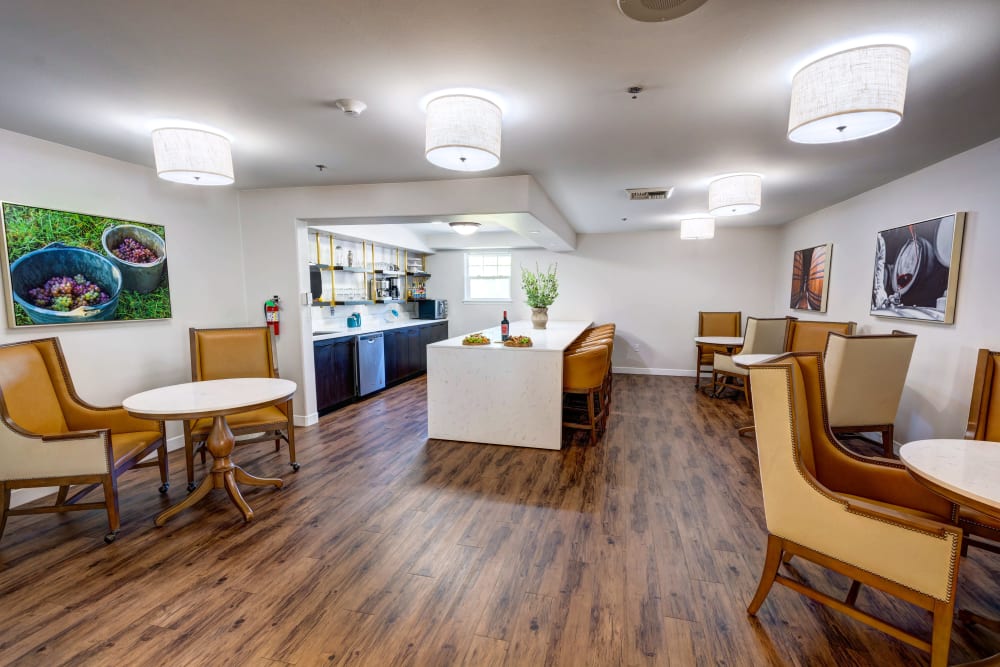 Modern community kitchen at Vineyard Heights Assisted Living in McMinnville, Oregon
