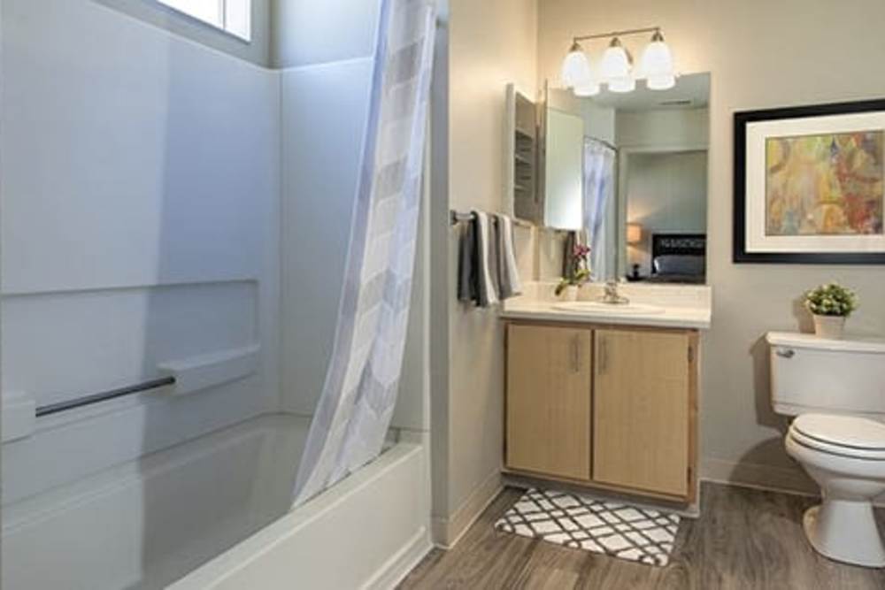 Bathroom with tub/shower combination and vanity at Octave in Davis, California