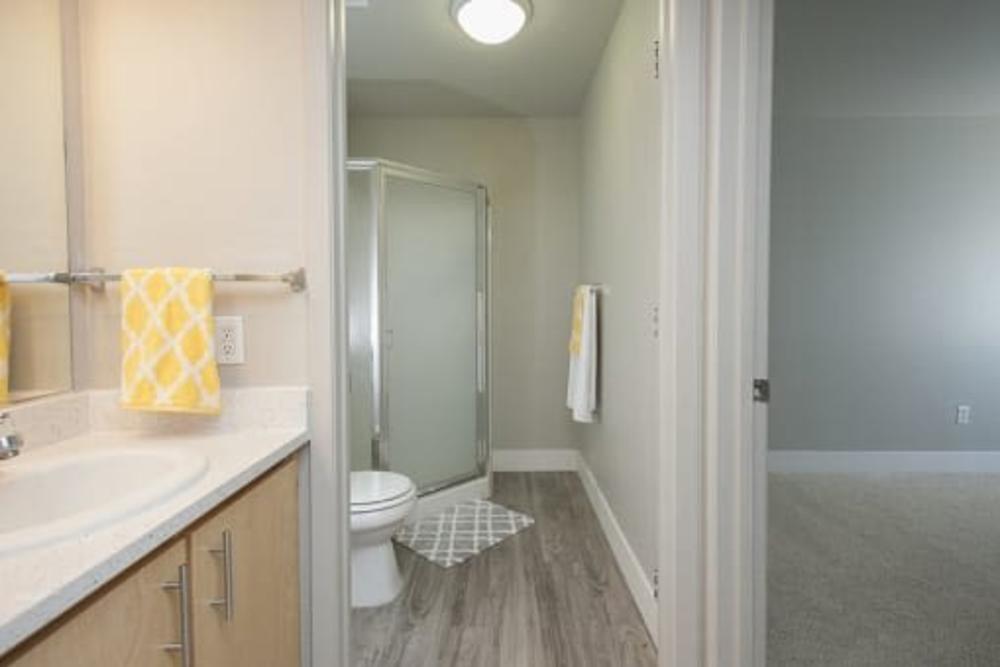 Bathroom in a model apartment home at Octave in Davis, California