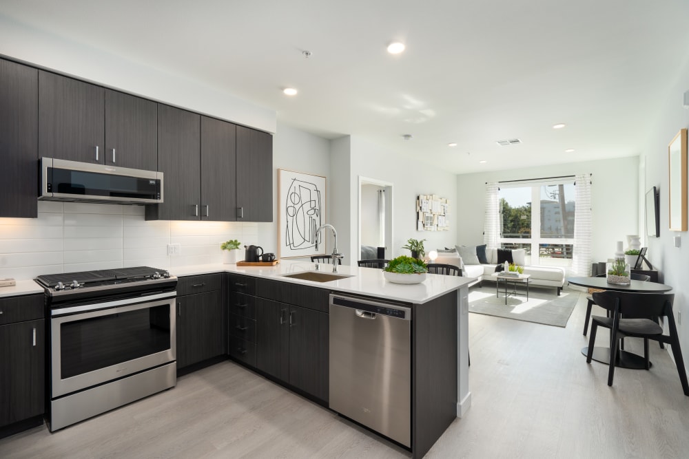 Open modern kitchen and living room of an apartment home at MV Apartments in Mountain View, California