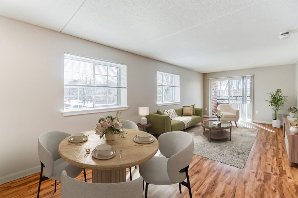Dining area with wooden floor at Eagle Rock Apartments at Swampscott in Swampscott, Massachusetts