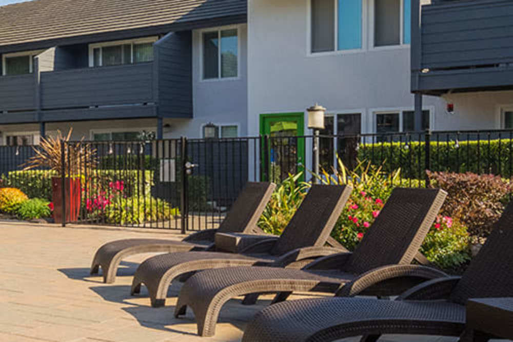 Lounge chairs by the resort-style swimming pool at The Meridian Apartment Homes in Walnut Creek, California