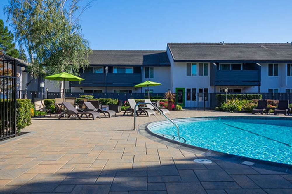 Lounge chairs by the sparkling swimming pool at The Meridian Apartment Homes in Walnut Creek, California