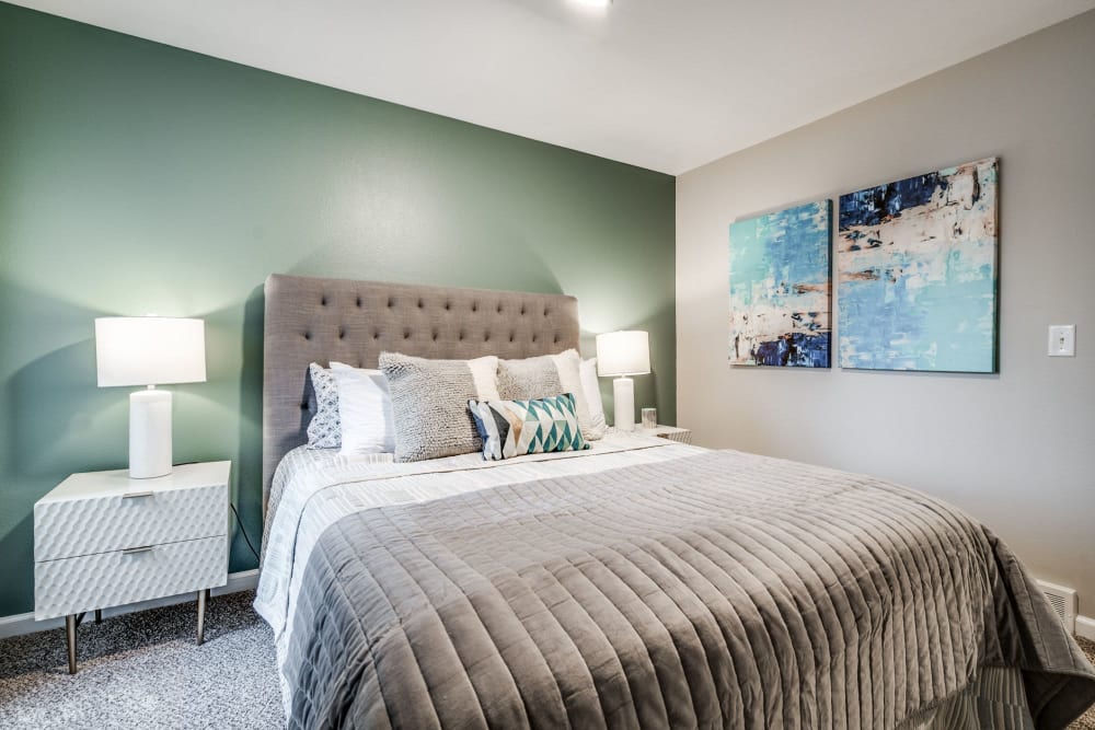 Bedroom with cool details at Radius at Ten Mile in Southfield, Michigan