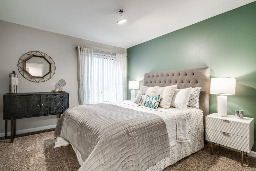 Bedroom with modern details at Radius at Ten Mile in Southfield, Michigan