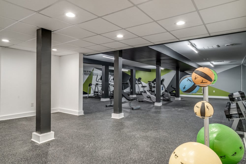 Fitness center with balls at Radius at Ten Mile in Southfield, Michigan