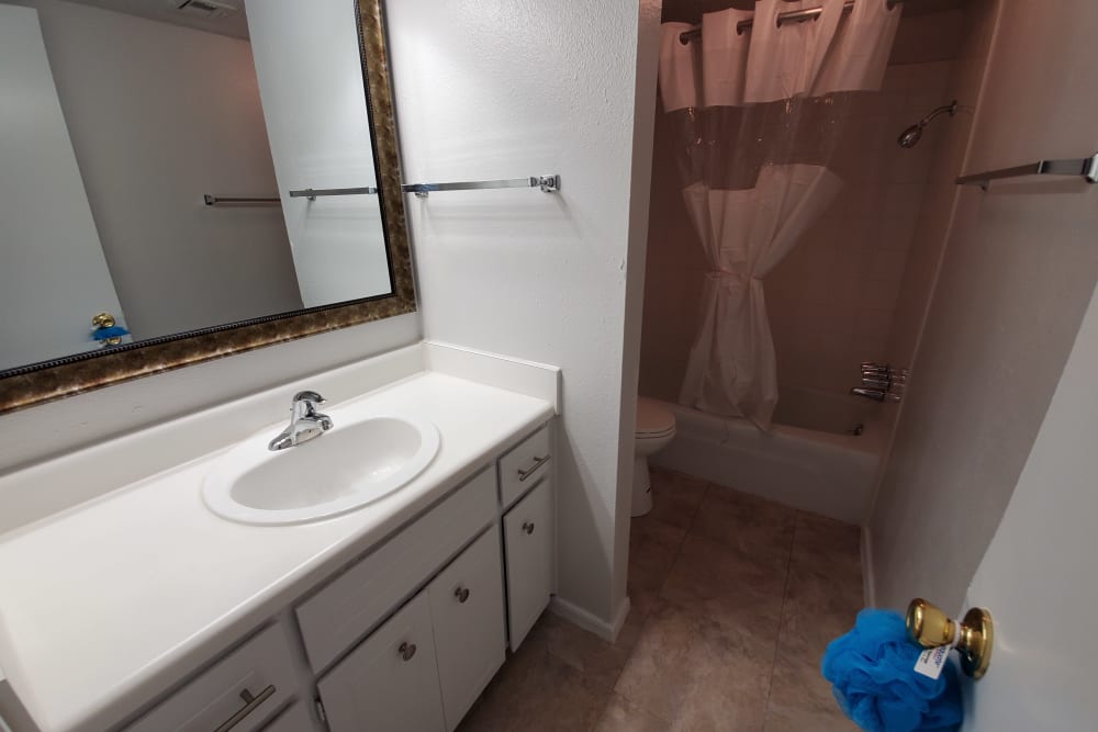 apartment bathroom in a unit at Pickwick Place in Oklahoma City, Oklahoma