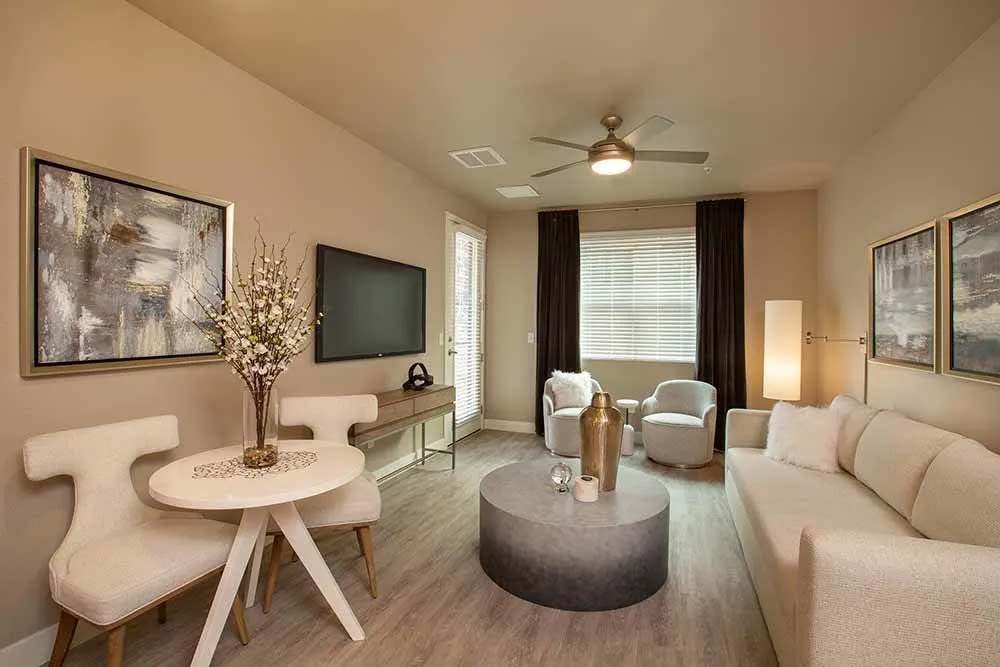 Elegantly decorated living room at Allure Apartments in Modesto, California