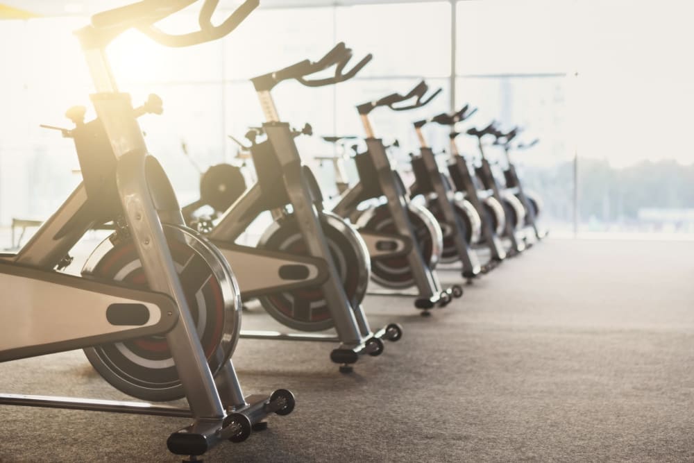 Row of exercise bikes in the onsite fitness center at Florence Apartments in Los Angeles, California
