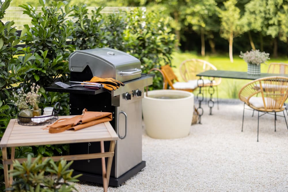 Gas barbecue grills surrounded by lush flora at Lotus Apartments in Martinez, California