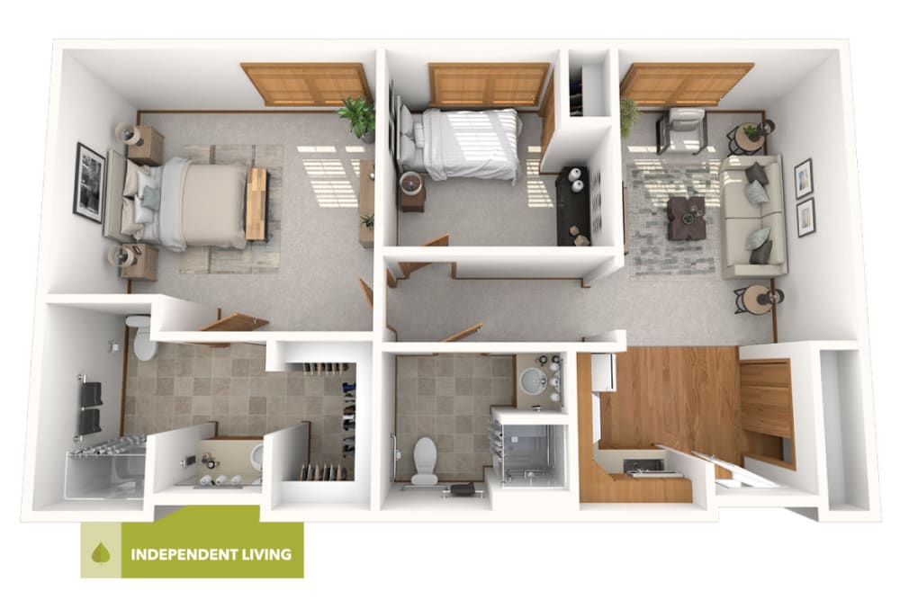 2 bedroom independent living floor plan at Oxford Vista Wichita in Wichita, Kansas
