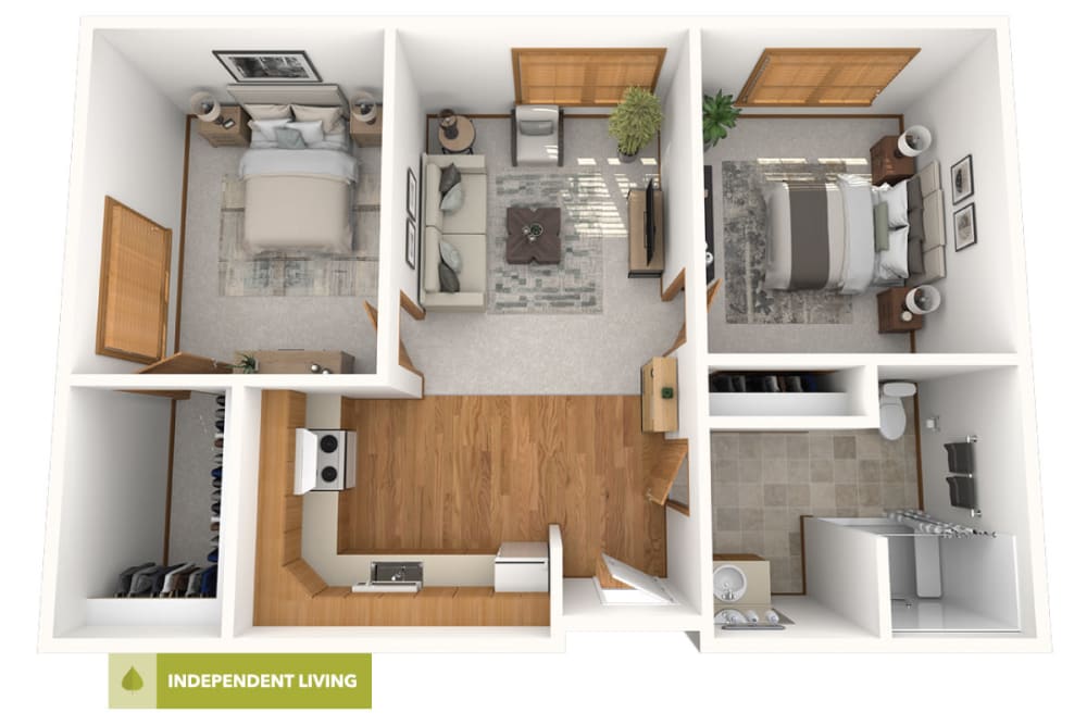 2 bedroom independent living floor plan at Oxford Vista Wichita in Wichita, Kansas