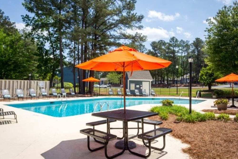 Pool with tanning chairs outside at Acasă Prosper Fairways in Columbia, South Carolina