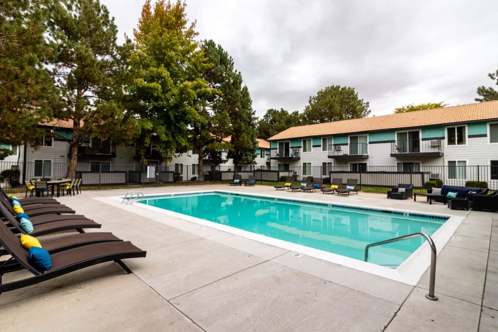 Pet-Friendly Apartments in Reno, NV - The Element - Gated Pool with Lounge Poolside Seating and View of Trees