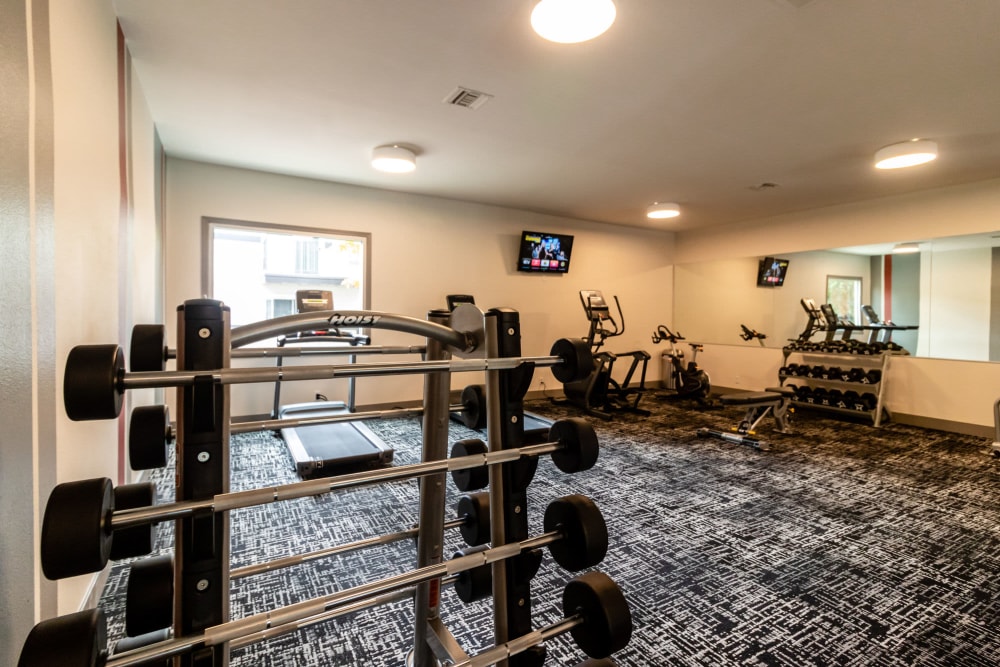 Fitness center with free-weights at The Element Apartments in Reno, Nevada