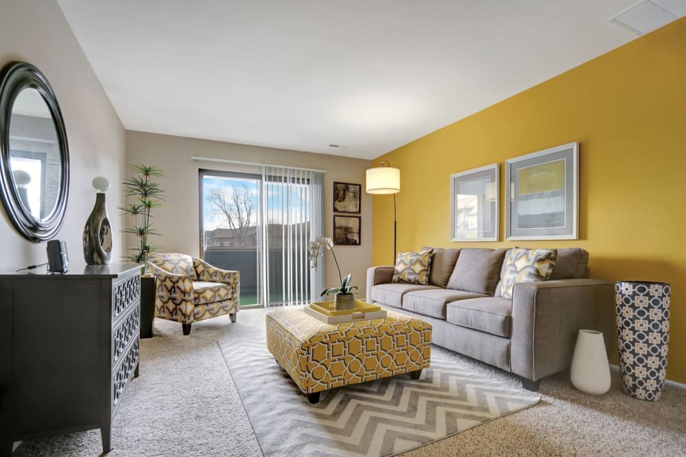 Open living room at Canterbury Green in Fort Wayne, Indiana