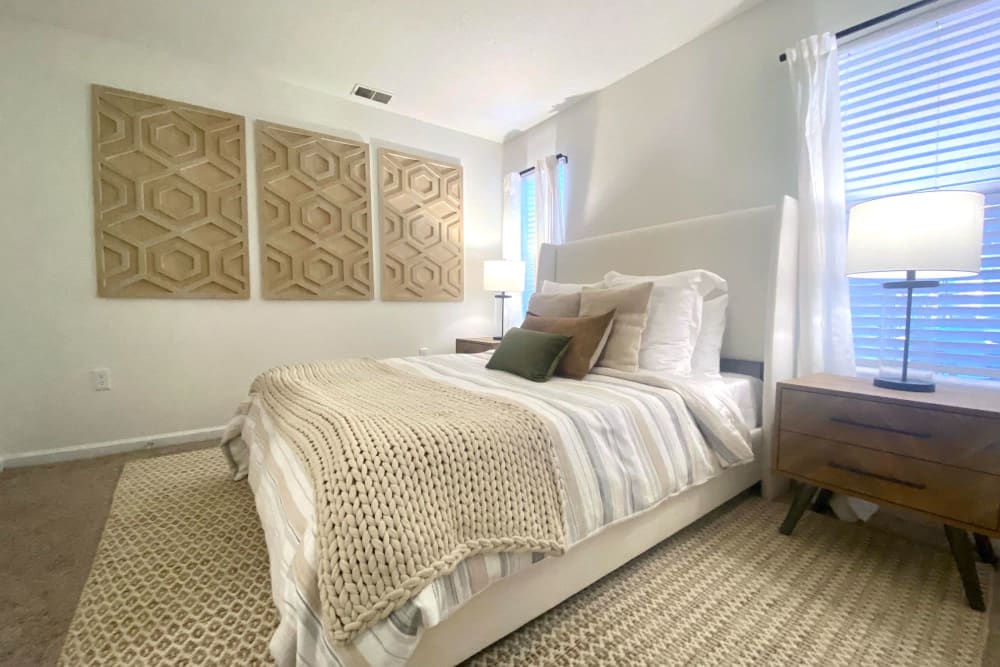 Modern bedroom with lamp at Coventry Green in Goose Creek, South Carolina