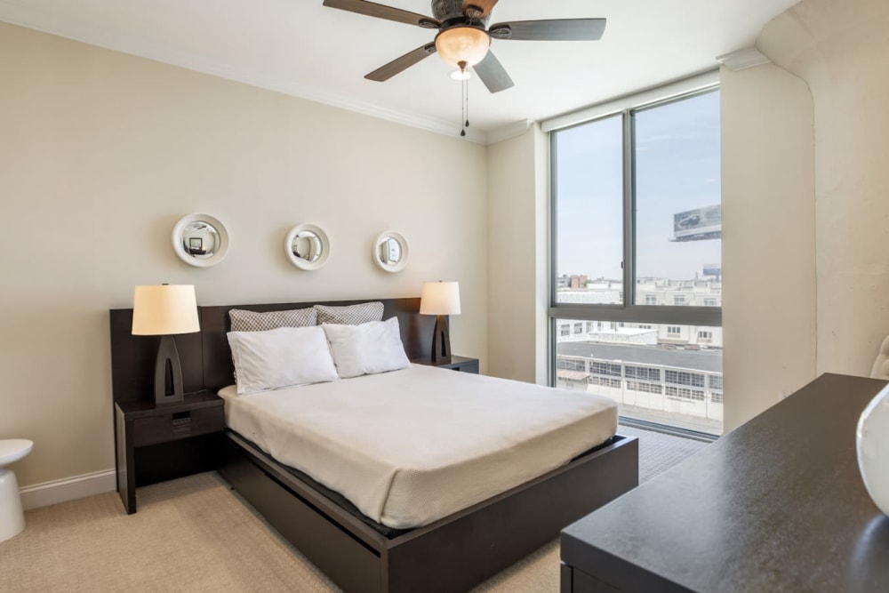 Modern bedroom with a view at Residences at 1 Brown in Philadelphia, Pennsylvania