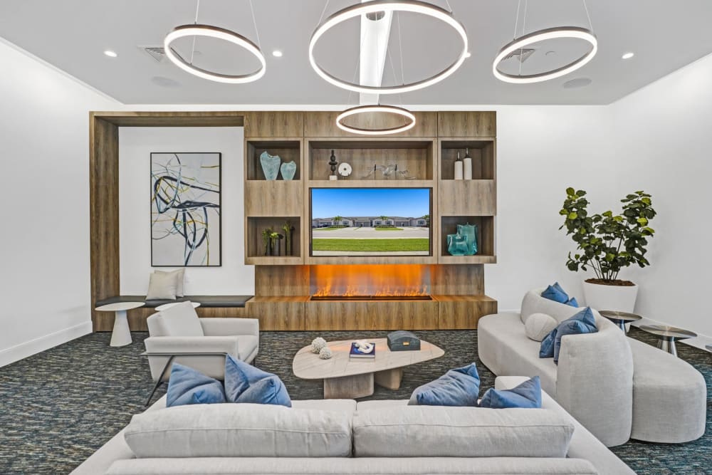 Rendering of community lobby with trendy seating and lights at Solera at Avalon Trails in Delray Beach, Florida