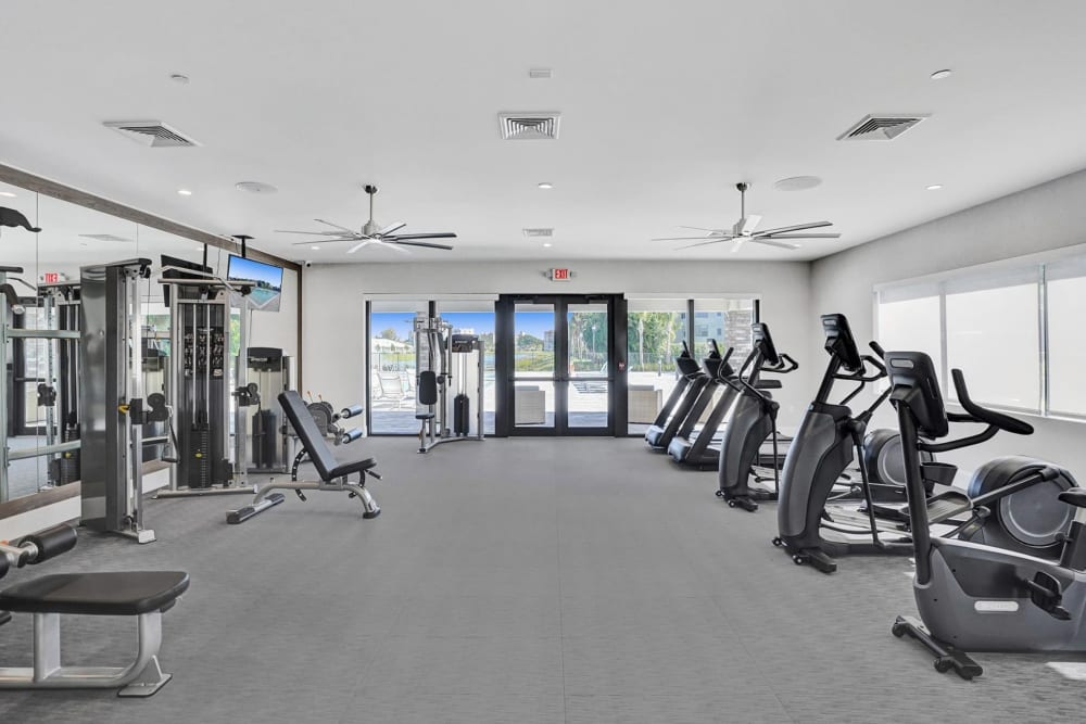 Community gym with weights and cardio machines at Solera at Avalon Trails in Delray Beach, Florida