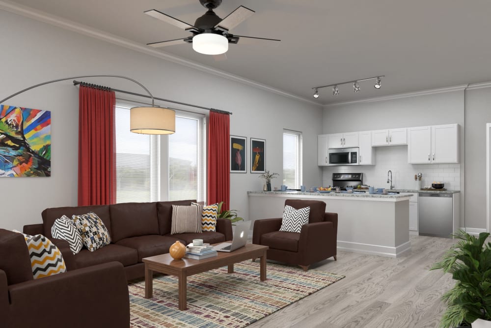 Fully furnished living room with comfortable sofa at West 22 in Kennesaw, Georgia