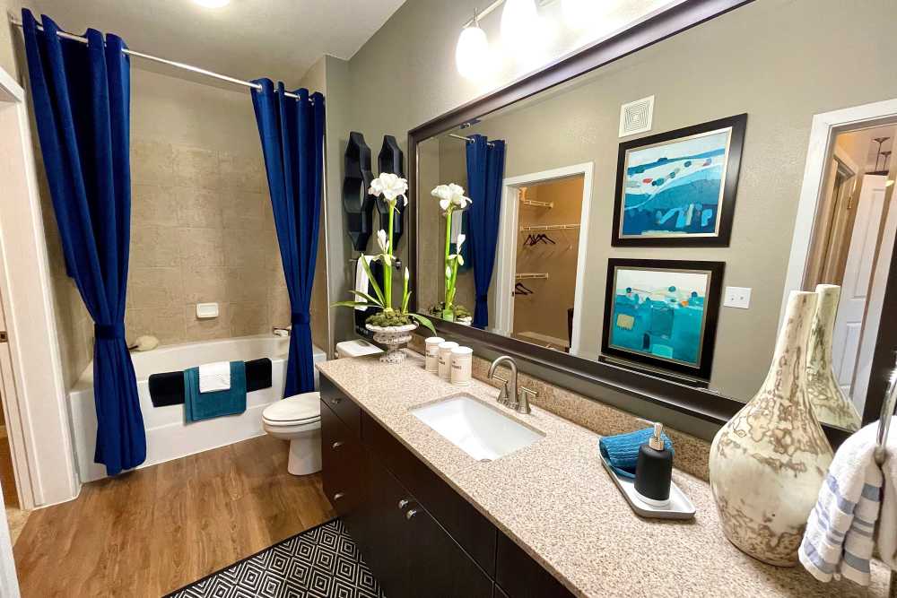 Bright bathroom with shower and tub at The Abbey at Spring Town Center in Spring, Texas