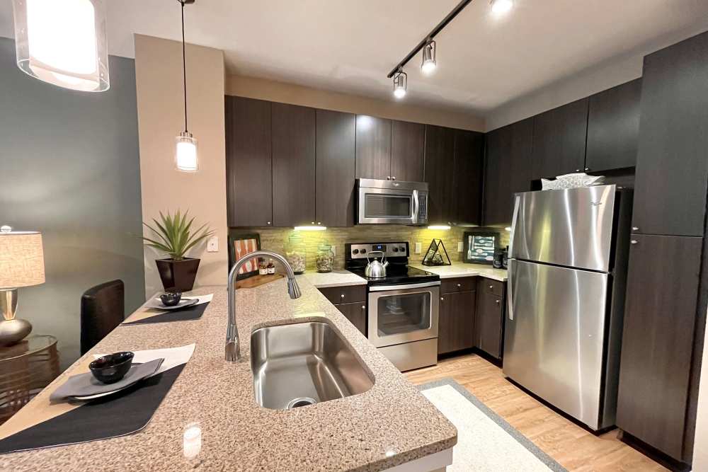 Modern kitchen with counter lighting and stainless-steel appliances at The Abbey at Spring Town Center in Spring, Texas