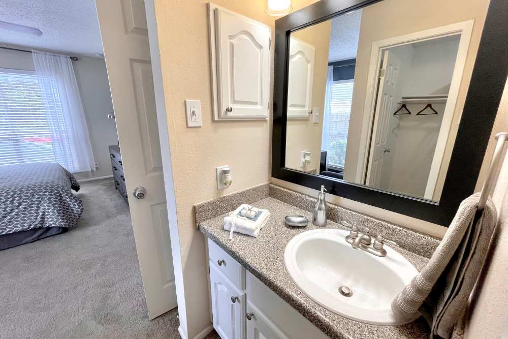Ensuite bathroom at The Abbey at Medical Center in San Antonio, Texas