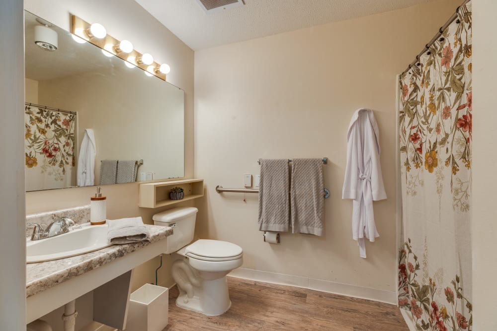 An accessible apartment bathroom at Village Cove Assisted Living in Hilton Head Island, South Carolina