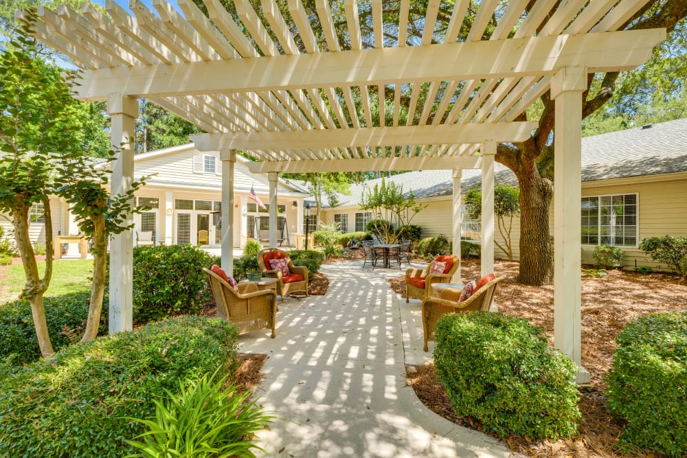 Outdoor seating for residents at Village Cove Assisted Living in Hilton Head Island, South Carolina