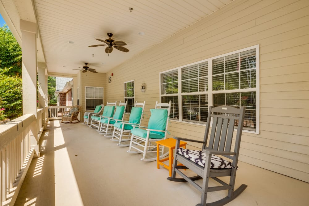 Rocking chairs on the front porch of Village Cove Assisted Living in Hilton Head Island, South Carolina
